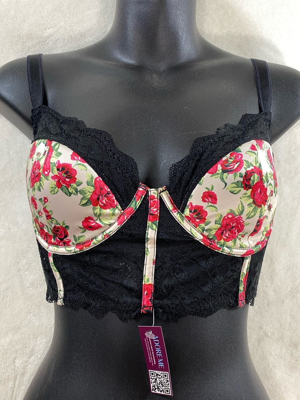 Adore Me Lisette Floral White Contour Longline Bustier Bra Black Lace 32DDD